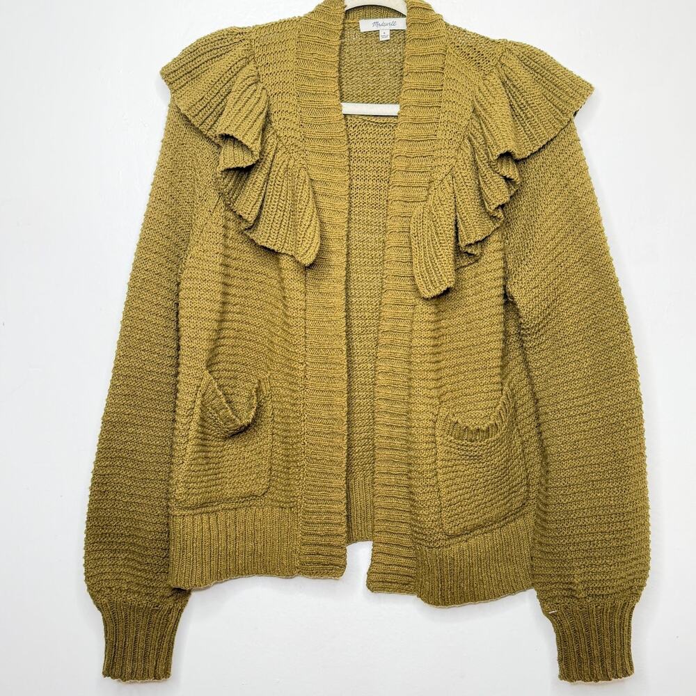 MADEWELL Ruffle Cardigan Sweater in "Golden Spinach" Size S